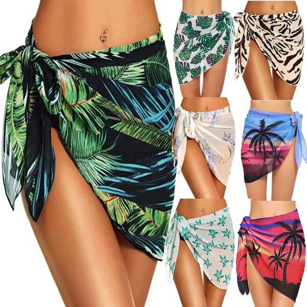 Faldas Falda pantalón Verano Bikini Wrap Sheer Coverups Set Mujer Imprimir Pareos cortos Traje de baño Playa Falda corta Bufanda de gasa Cubrir para trajes de baño 240319