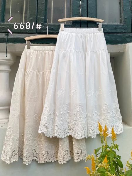 Jupes Skorts TIYIHAILEY mode printemps et été blanc coton dentelle longue Maxi taille élastique une ligne jupes Beige 231206