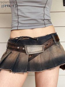 Jupes Skorts Weekeep à lacets jupe en jean taille basse y2k Grunge Tie Dye irrégulière Mini jupe plissée Vintage Streetwear tenues vêtements pour femmes 240330