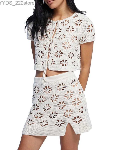 Jupes Skorts Femmes Crochet Tricoté Ensemble Creux À Lacets Haut Court Avec Fente Mini Jupe Maillot De Bain Cover Ups 2 pièces Tenues yq240328