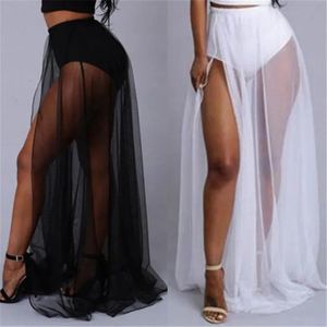 Rokken Skorts Dames Hoge Taille Mesh Skiën Empire Doorzichtige Zijsplitrok Effen Transparant Chiffon Maxi Lange Rok Zomer 2018 231215