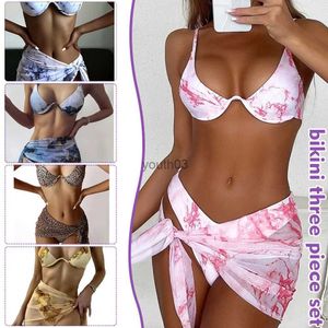 Faldas Falda pantalón Conjunto de bikini estampado de 3 piezas para mujer Traje de baño con pareos Encubrimientos Falda para la playa Traje de baño sexy para mujer Tie Dye 240319