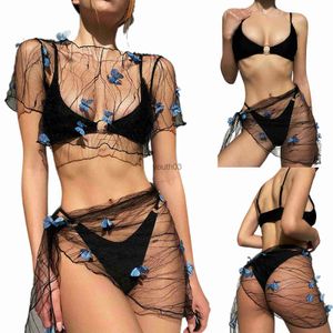 Rokken Skorts Dames bikini cover-up set Mesh pure driedimensionale vlinderdecoratie Crop tops met korte mouwen Tie-up sarong Wikkelrok 240319