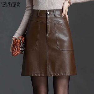 Rokken Skorts ZUZK Herfst Winter Dames Nieuw PU-leer Sexy rok Zwarte koffie Eenvoudige elegante korte bodyconrok Laarsrok 2024 240330