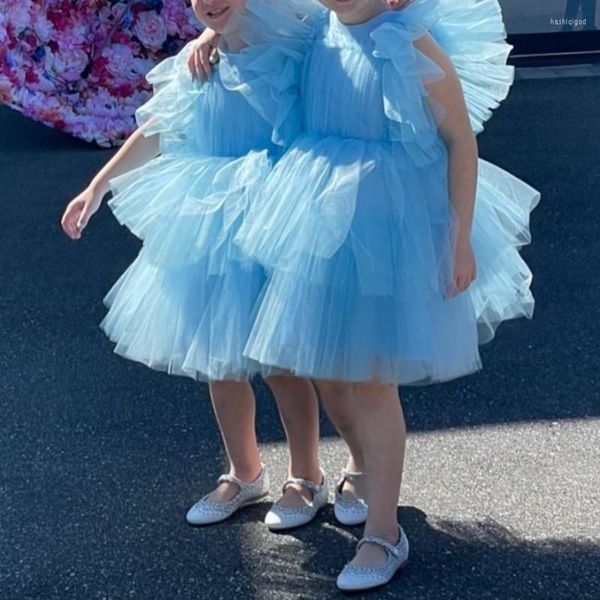 Jupes Robe Tutu Bleu Ciel Petite Fille Pour Mariage Moelleux Tulle Anniversaire Porter Des Robes De Fleurs Courtes Volants