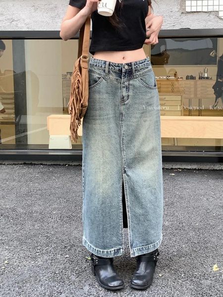 Skirts Slergiri Vintage Front Split Jean Falda larga Mujeres Fashion Streetwear Mid -Mid Gaisted Washed Maxi Denim Summer 2024 2024