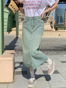 Jupes Slegiri Denim d'été féminin Long jupe coréenne haute taille back slit jeans femmes streetwear femelle consécutive décontractée