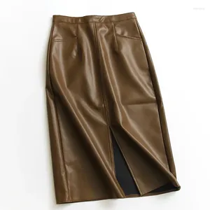 Jupes minces A-line fente marron brun pu cuir midi midi à glissière hautes poches knee fausse