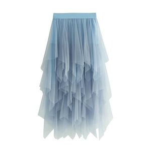 Skirts Slim passen A-lijn Fairy Elastische Taille Tule Midi Rok Temperament Hoge en dunne super bud onregelmatige mesh-rokkenskirts