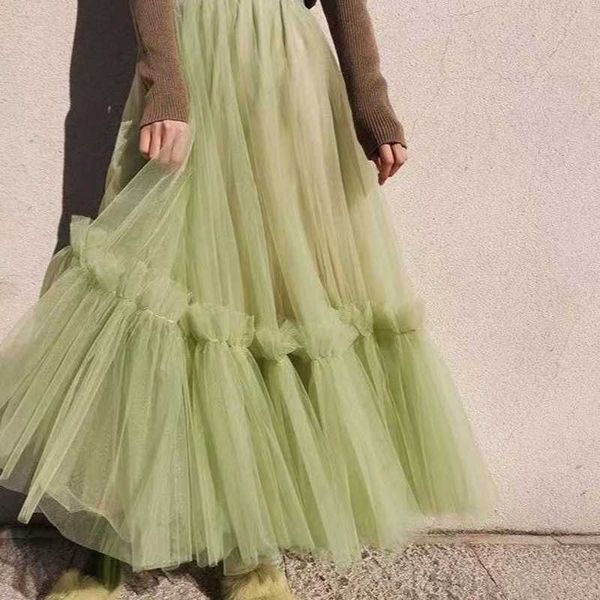 Faldas Slim verde Cintura alta Faldas de malla Ropa de mujer Coreano Chic Tutu Swing Ball Gown Faldas Mujer Moda Moda elegante salvaje 210610