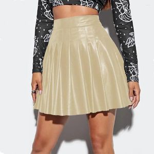 Jupes Jupe amincissante en faux cuir pour femme élégante plissée avec taille haute silhouette trapèze au-dessus de la longueur du genou pour la fête clubwear