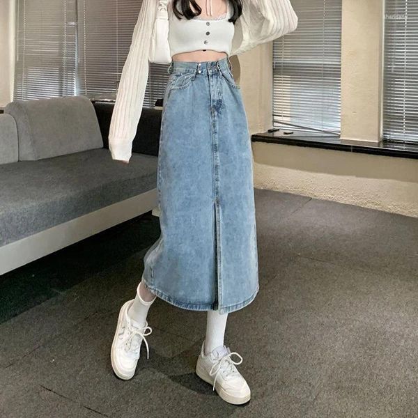 Jupes fendues jupe en jean femmes taille haute paquet hip streetwear décontracté pour 2023 longue poche droite jean