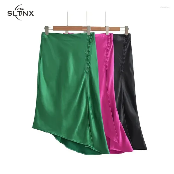 Faldas SLTNX moda 2023 falda de verano para mujer disimetría femenina cintura alta satén largo para mujer señoras Midi con hendidura