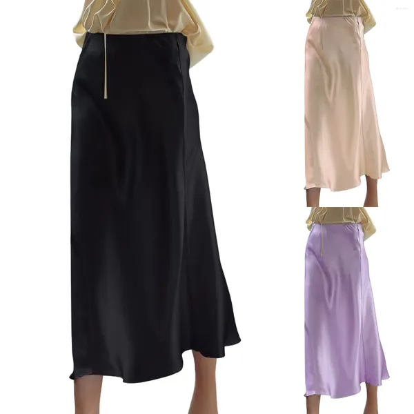 Faldas Falda de seda satinada de color sólido para mujer de cintura alta de verano largo 2024 elegantes damas oficina midi primavera y