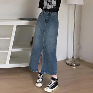 Jupes jupe de couleur unie vintage haute taille denim midi avec poches à fente avant rétro bouton-zipper fermeture jean pour femmes