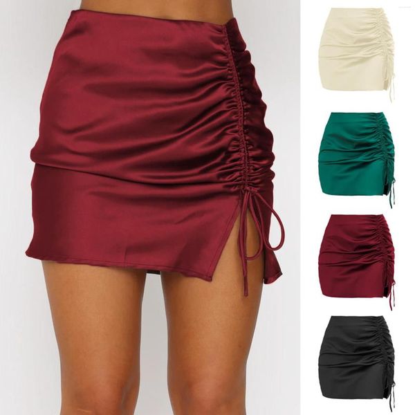 Faldas de Color sólido para mujer, bolso plisado a la cadera, minifalda Sexy de satén de cintura alta con cremallera para mujer, ropa de verano, lápiz