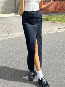 Jupes Solid en détresse divisée en jean 2024 Summer Femmes Straitement Maxi Elegant Classic Casual Chic Fashion Femme Falda