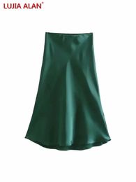 Rokken Effen Satijn Elastische Taille Vrouwen ALine Rok Zomer Vrouwelijke Slanke Falda Midi LUJIA ALAN P1596 231019