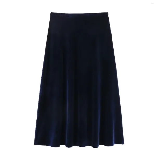 Faldas Falda Midi de terciopelo liso para mujer, falda larga de cintura alta, elegante, línea A, ropa de calle suave de otoño, estilo coreano