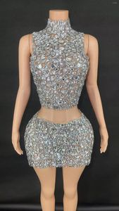 Rokken Sparkly Kristallen Top Backless Korte Rok Twee Stukken Sexy Mesh Transparant Vieren Avond Prom Verjaardag Jurk Show Stage Wear