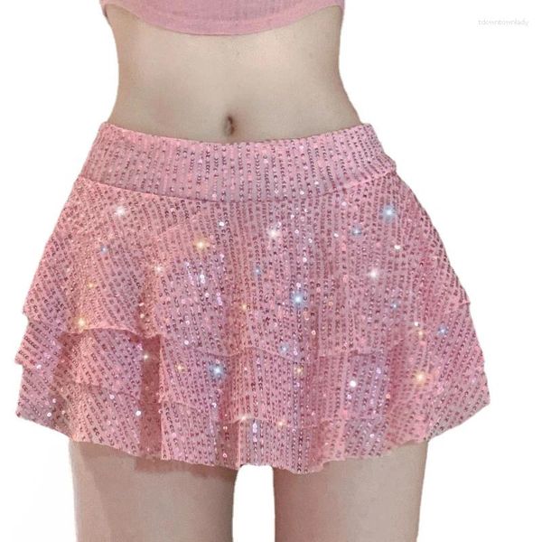 Jupes Spicy Girl Sexy Jupe courte Jupe Femme 2024 Nightclub Steel Pipe Dance DJ Pink Sequin Multi couched Ruffle Edge Small Swing