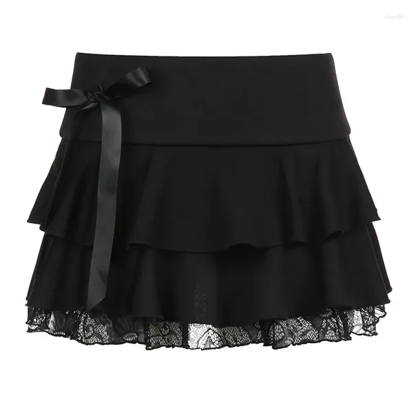 Jupes Spicy Girl Sweetheart Dark Academia Lace Splicing A-Line MiniCake Jupe Black Low Waited Bow Stitching Short Y2K Skir