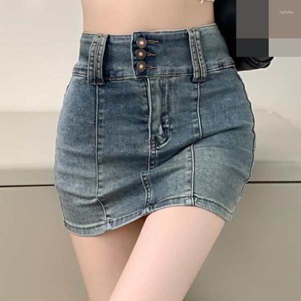 Faldas Spicy Girl Vintage Denim Pantalones de medio cuerpo Falda acampanada de verano para mujer Cintura alta Envuelta Hip Short