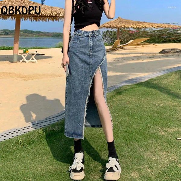 Faldas de diseño dividido de moda de mezclilla delgada 2024 Summer casual jean jean faldas moda coreana a mitad de longitud