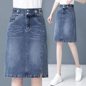 Faldas divididas jean a-línea falda mujer 2024 butes de doble cintura de verano midi azul para mujeres denim de oficina coreana