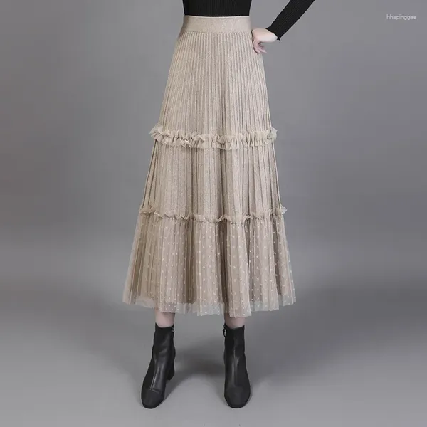 Jupes printemps 2024 Coutures tricotées en dentelle haute taille plissée A-ligne grande jupe ourlet en gros