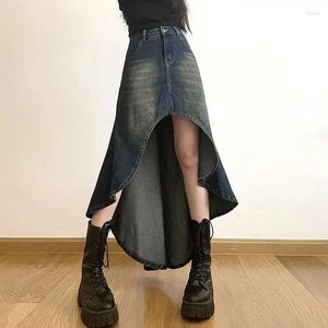 Rokken lente en zomer Amerikaanse retro noodlijdende onregelmatige denim rok lange dames hoge taille afslankmeisje