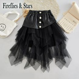 Jupes printemps automne filles tutu jupe bébé PU enfants enfants streetwear bas irrégulière maille en couches snap 2 à 14 ans 230412