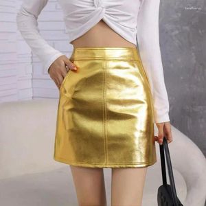 Rokken lente herfst metallic slank mini lederen rok met zakken glanzende gouden zilveren korte a-line pu