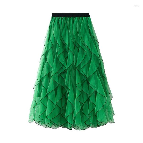 Jupes Spring Fairy Gauze Ruffled A-Line Long Tutu Jupe Meuffy Green Mesh Big Swing