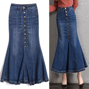 Rokken Spring Fashion Stretch High Taille Long Denim Women's Single-Breasted Sexy Package Hip Fishtail Rok