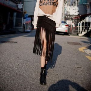 Faldas Primavera Street Punk Pasarela Moda Otoño Mujer Falda sexy Casual Borla Fringe Vintage Hight Qulity Negro Gamuza Terciopelo Skir
