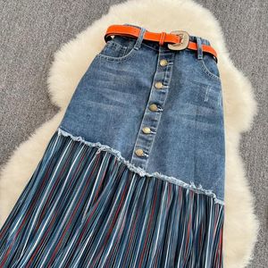 Rokken lente zomer 2023 chiffon stiksel geplooide rok vrouwen hoge taille slanke onregelmatige mid-lengte a-line denim faldas