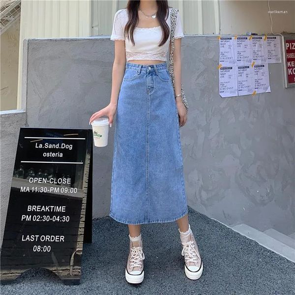 Faldas Primavera Verano 2023 Falda de mezclilla Retro Mujer A-line Long Maxi Estilo coreano Casual Cintura alta Split Jean Q551