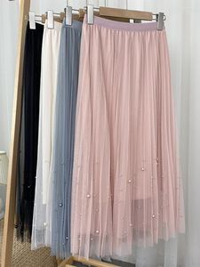 Faldas Primavera Verano 2023, moda para mujer, falda Midi plisada de tul con cuentas de perlas de imitación, informal, cintura alta elástica para mujer