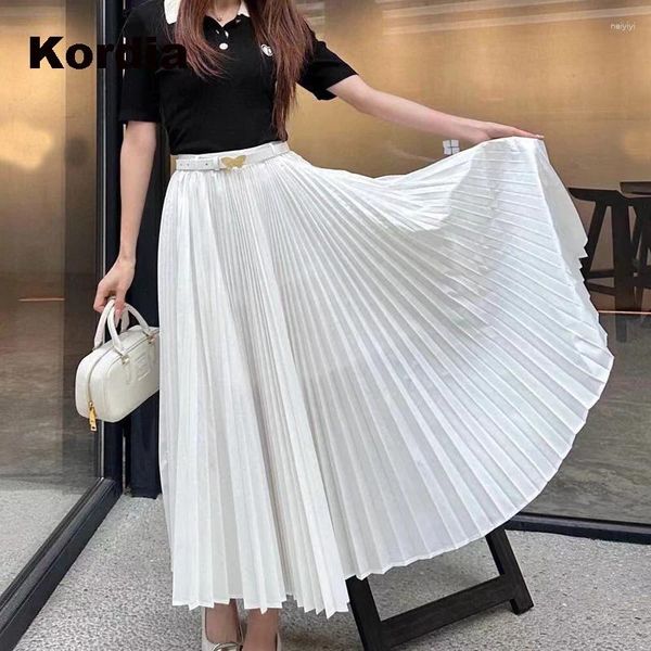 Faldas Primavera Verano 2024 arco plisado mujeres de cintura alta elegante Vintage moda coreana negro elegante Falda Midi blanca