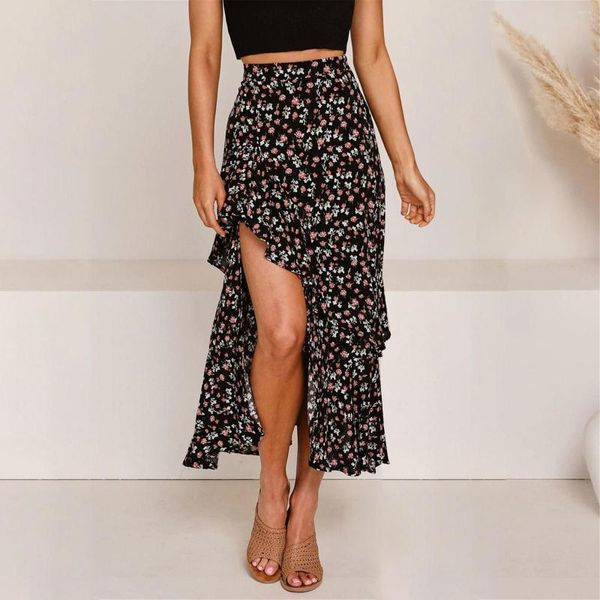 Jupes printemps été Boho femmes imprimé fleuri Sexy jupe longue haut bas côté taille élastique balançoire Maxi robes femme élégante