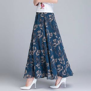 Rokken lente zomer chiffon rokken inkt schilderij print bloemen lange rok elegante chique a-line volledige lengte rok enkel strandrokken 230508