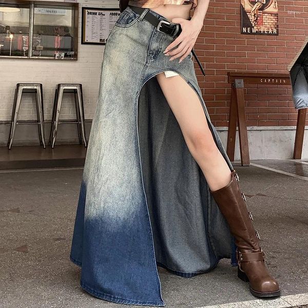 Jupes Printemps Été Denim Longue Jupe Femmes Casual Streetwear Haute Split Sexy Taille Slim Maxi Dégradé Asymétrique Saias