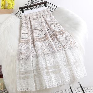 Jupes printemps / été élastique taille fin plus mince crochet en dentelle creuse grande jupe femelle