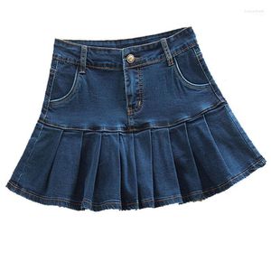 Rokken lente zomer hoge taille spijkerbroek rok vrouwen preppy stijl ruche feest mini denim lolita geplooid jupes feminino