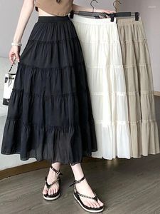 Jupes printemps été coréen femmes en mousseline de soie Vintage taille haute élastique blanc noir Chic Long gâteau a-ligne jupe pour femme