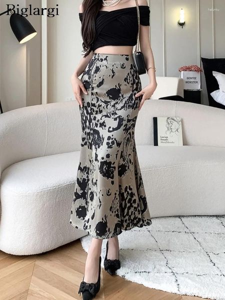 Faldas Spring Summer Long Fishtail Skirt Women Floral Impresión Modis Sexy Slim Fodycon Ladies Ruffle Plised High Woman