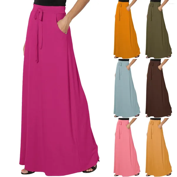 Jupes printemps été Maxi une ligne bureau dame taille haute bandes poches couleur unie Faldas Streetwear droite fluide longue