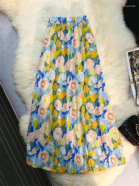 Faldas Pintura al óleo de verano para paraguas de mujer impresa 2024 Floral A-Línea Floral de cintura alta