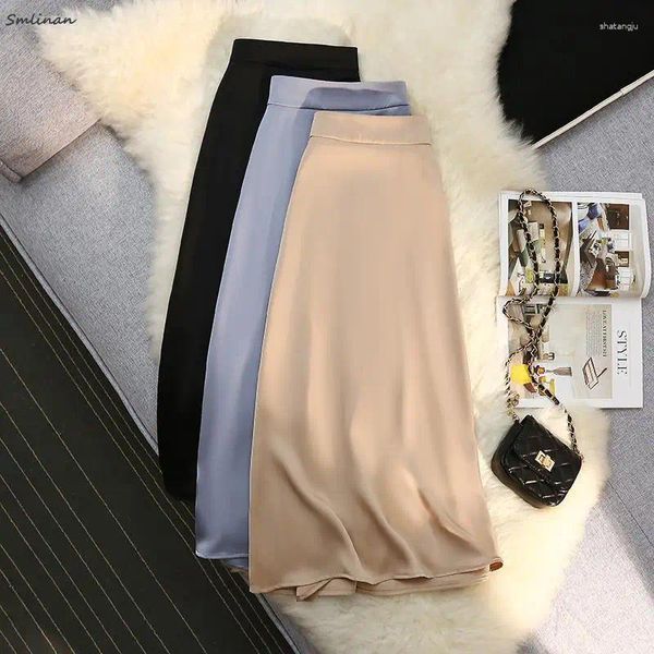 Jupes printemps été soie satin longue noire pour les femmes élégantes dames une ligne fermeture éclair dos bande élastique mode coréenne jupe de luxe